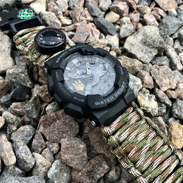 Годинник наручний Patriot 005 Тризуб золото Чорний Паракордовий ремінець Camo Green + Коробка фото 3