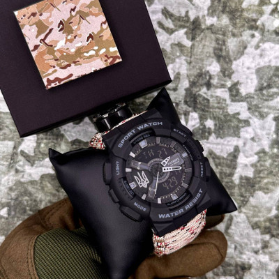 Годинник наручний Patriot 005 Тризуб срібло Чорний Паракордовий ремінець Desert Camo + Коробка