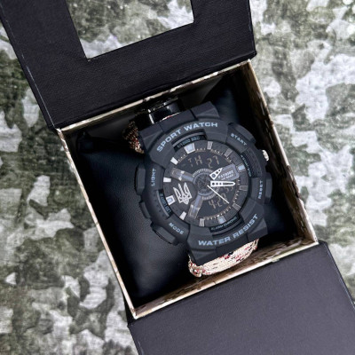 Patriot 005 Трезубец серебро Черный Паракордовый ремешок Desert Camo + Коробка