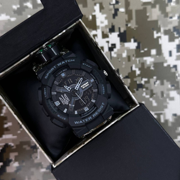 Часы наручные Patriot 005 Трезубец серебро Черный Паракордовый ремешок Camo Green + Коробка. фото 4