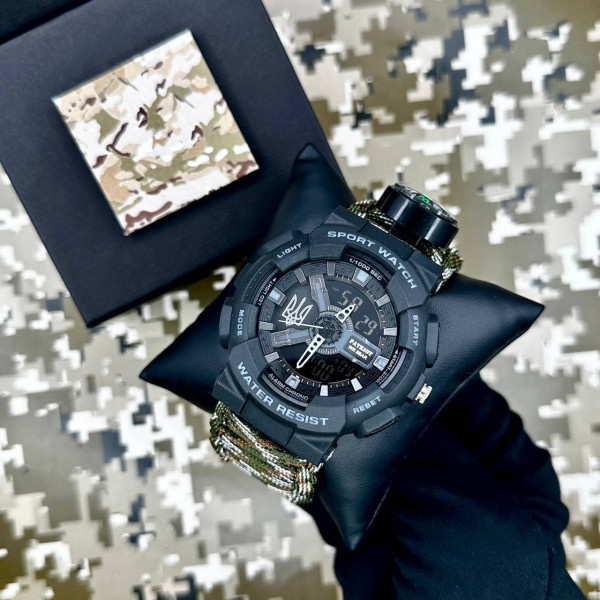 Часы наручные Patriot 005 Трезубец серебро Черный Паракордовый ремешок Camo Green + Коробка. фото 5