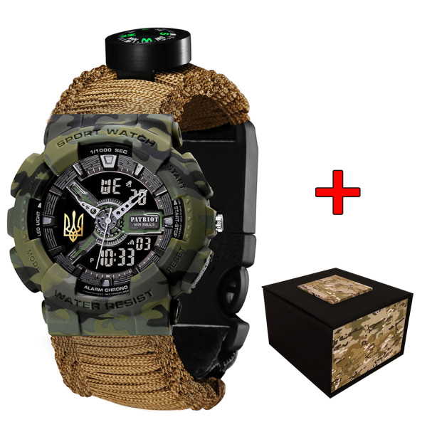Часы наручные Patriot 005 Трезубец золото Camo Green Паракордовый ремешок Khaki + Коробка.