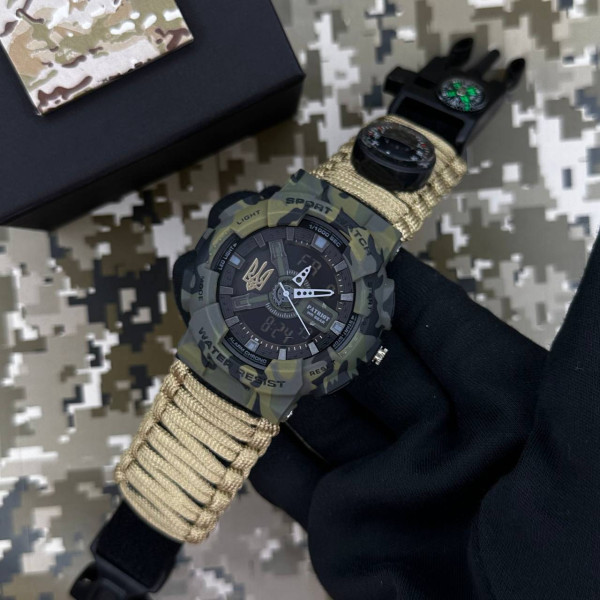 Часы наручные Patriot 005 Трезубец золото Camo Green Паракордовый ремешок Khaki + Коробка. фото 3