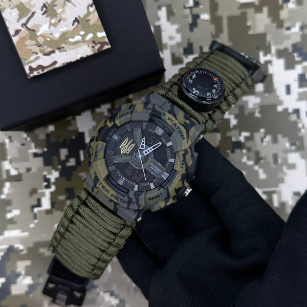 Годинник наручний Patriot 005 Тризуб золото Camo Green Паракордовий ремінець Army Green + Коробка. фото 3