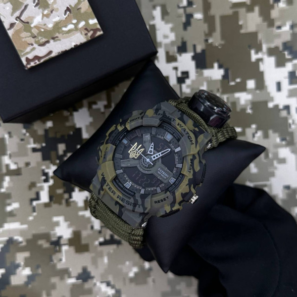 Годинник наручний Patriot 005 Тризуб золото Camo Green Паракордовий ремінець Army Green + Коробка. фото 4