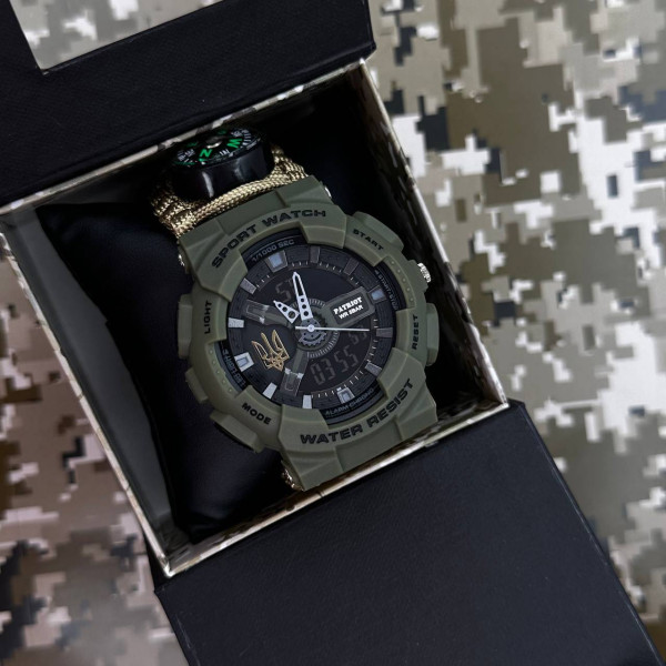 Часы наручные Patriot 005 Трезубец золото Army Green Паракордовый ремешок Khaki + Коробка. фото 5