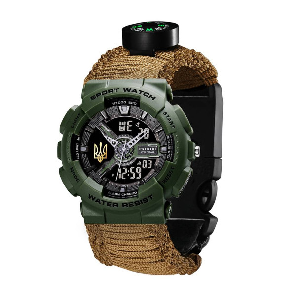 Годинник наручний Patriot 005 Тризуб золото Army Green Паракордовий ремінець Khaki + Коробка. фото 7