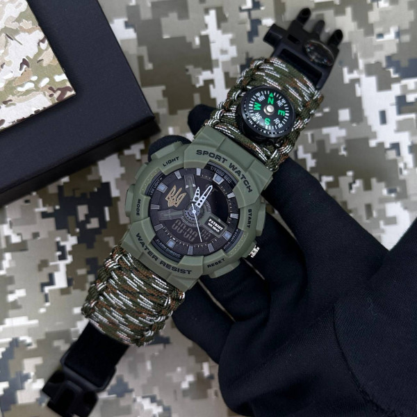 Годинник наручний Patriot 005 Тризуб золото Army Green Паракордовий ремінець Camo Green + Коробка. фото 4