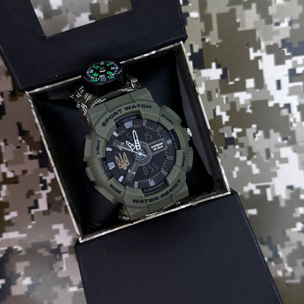 Часы наручные Patriot 005 Трезубец золото Army Green Паракордовый ремешок Camo Green + Коробка. фото 5
