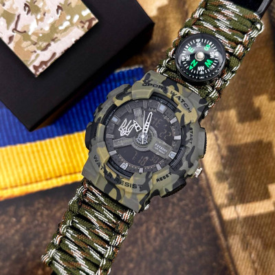 Patriot 005 Трезубец серебро Зеленый камуфляж Паракордовый ремешок Camo Green + Коро