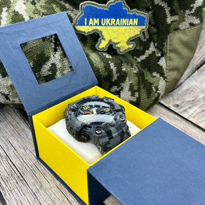 Подарункова картонна коробочка для годинника синьо-жовта з тризубом