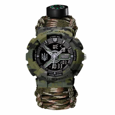 Мужские часы Awarder 005 Трезубец серебро Camo Green Паракордовый ремешок 