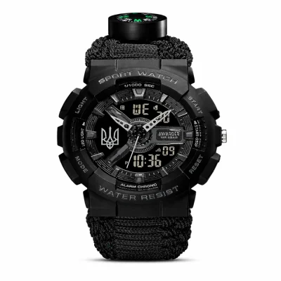 Мужские часы Awarder 005 Трезубец серебро  Black + Паракордовый ремешок Black