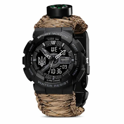 Чоловічий годинник Awarder 005 Тризуб срібло  Black + Паракордовий ремінець Desert Camo