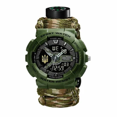Спортивний чоловічий годинник Awarder 005P Тризуб золото Army Green Паракордовий ремінець Camo Green + Коробка