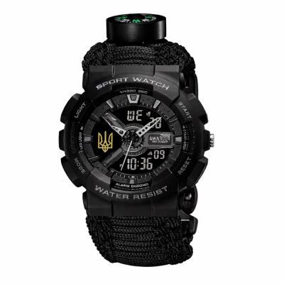 Спортивний чоловічий годинник Awarder 005P Трезубец серебро Black + Паракордовый ремешок Black