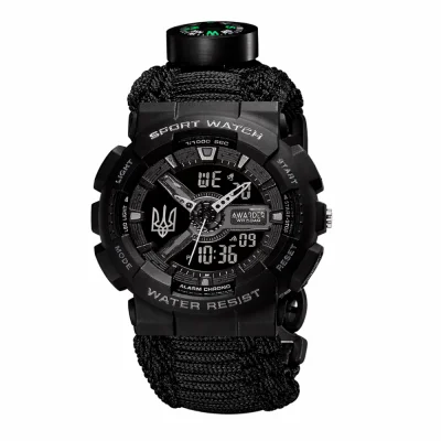 Спортивные мужские часы Awarder 005P Трезубец серебро Black + Паракордовый ремешок Black