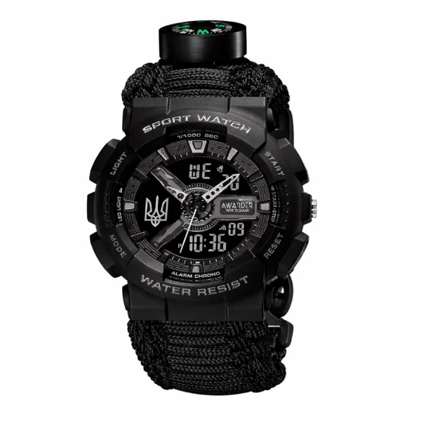 Спортивний чоловічий годинник Awarder 005P Тризуб срібло Black + Паракордовий ремінець Black фото 1