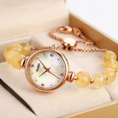Жіночий годинник Skmei 1983YL Yellow тонкий браслет з камінням