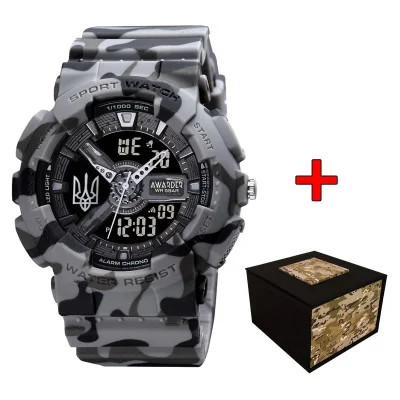 Спортивний чоловічий годинник Awarder 005 Тризуб срібло Camo Grey + Коробка