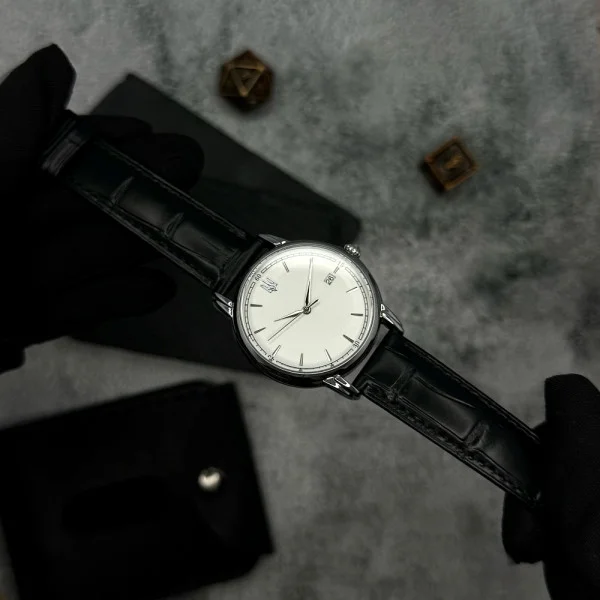 Класичний чоловічий годинник Awarder 020 Тризуб cрібло Silver-White, шкіряний ремінець, японський механізм фото 5