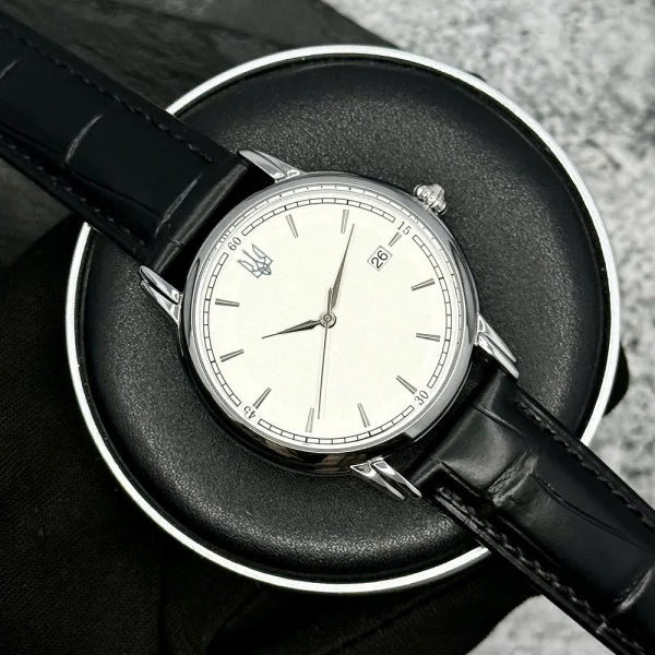 Класичний чоловічий годинник Awarder 020 Тризуб cрібло Silver-White, шкіряний ремінець, японський механізм фото 4