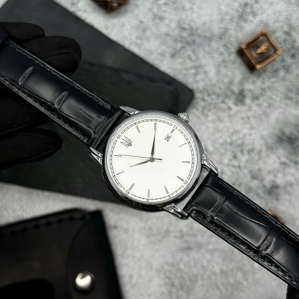 Класичний чоловічий годинник Awarder 020 Тризуб cрібло Silver-White, шкіряний ремінець, японський механізм фото 6