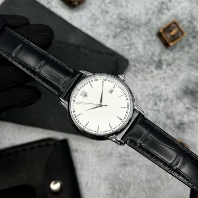 Классические мужские часы Awarder 020 Трезубец серебро Silver-White, кожаный ремешок, японский механизм