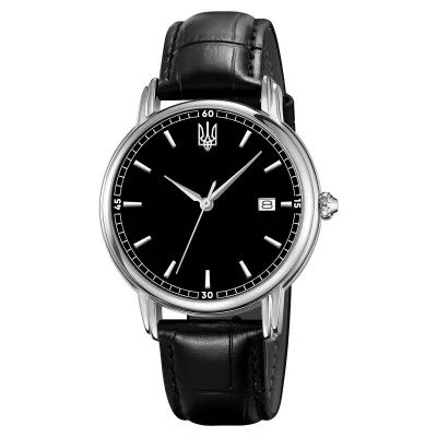 Классические мужские часы Awarder 020 Тризуб срібло Silver-Black, кожаный ремешок, японский механизм