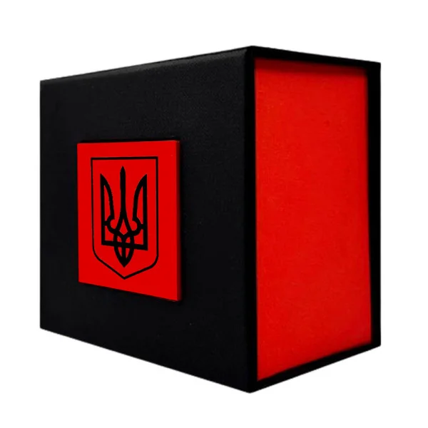 Подарункова картонна коробочка для годинника чорно-червона з чорним тризубом фото 1