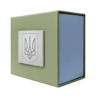 Подарункова картонна коробочка для годинника зелено-блакитна тризуб срібло