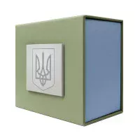 Подарункова картонна коробочка для годинника зелено-блакитна тризуб срібло