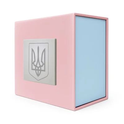 Подарункова картонна коробочка для годинника рожево-блакитна тризуб срібло