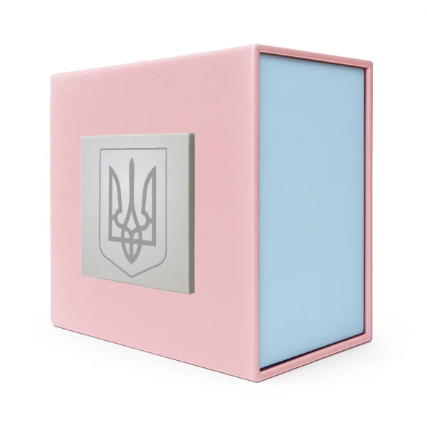 Подарункова картонна коробочка для годинника рожево-блакитна тризуб срібло фото 1