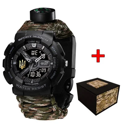 Мужские часы Awarder 005P Тризуб золото Чорний Паракордовий ремінець Camo Green
