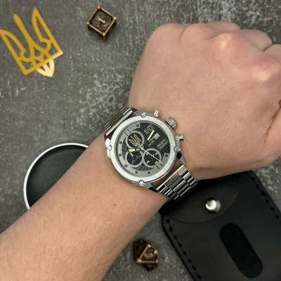 Мужские часы Awarder 016 Тризуб золото Silver-Black Steel