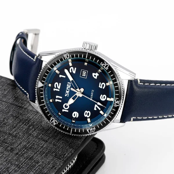Мужские часы Skmei 9232LSIBU Silver-Blue-Leather Strap фото 5