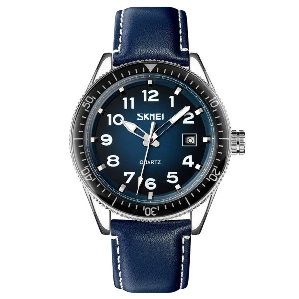 Чоловічий годинник Skmei 9232LSIBU Silver-Blue-Leather Strap фото 1