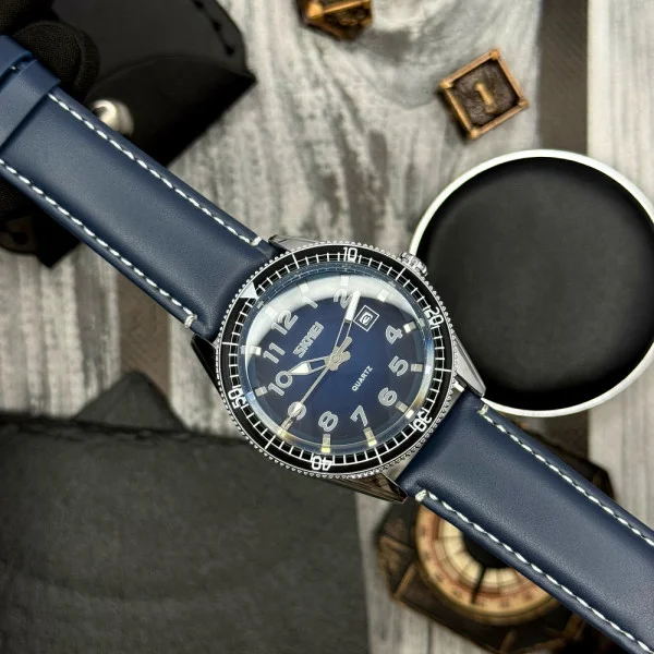 Чоловічий годинник Skmei 9232LSIBU Silver-Blue-Leather Strap фото 5