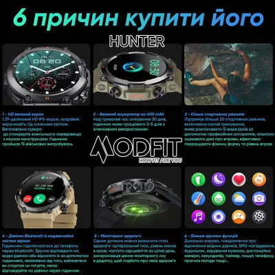 Смарт часы Modfit Hunter All Black 36 мм.