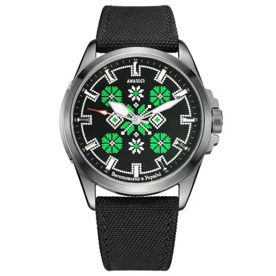 Патриотические наручные часы Awarder Embroidery Silver-Green Black Battery 10ATM