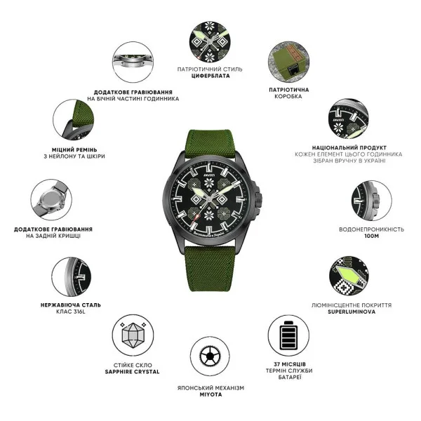 Патриотические наручные часы Awarder Embroidery Silver-Green Black Battery 10ATM фото 3