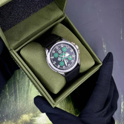Патриотические наручные часы Awarder Embroidery Silver-Green Black Battery 10ATM