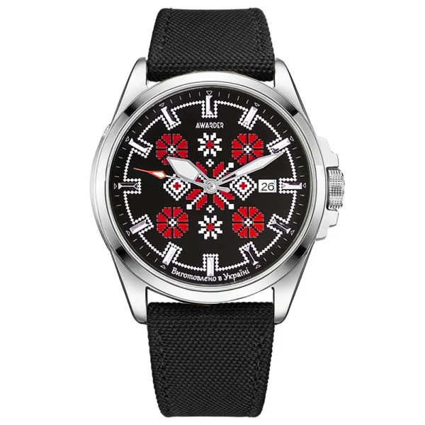Патріотичний наручний годинник Awarder Embroidery Silver-Red Black Automatic 10ATM фото 1
