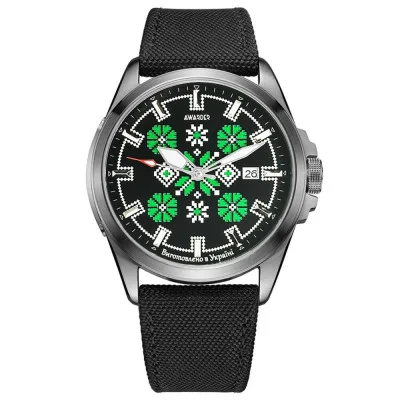 Патріотичний наручний годинник Awarder Embroidery Silver-Green Black Automatic 10ATM