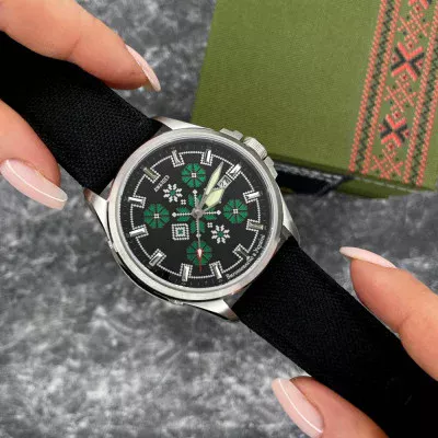 Патріотичний наручний годинник Awarder Embroidery Silver-Green Black Automatic 10ATM