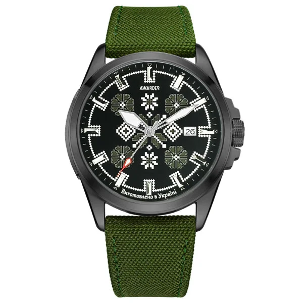 Патріотичний наручний годинник Awarder Embroidery Black-Army Green Green Automatic 10ATM фото 1