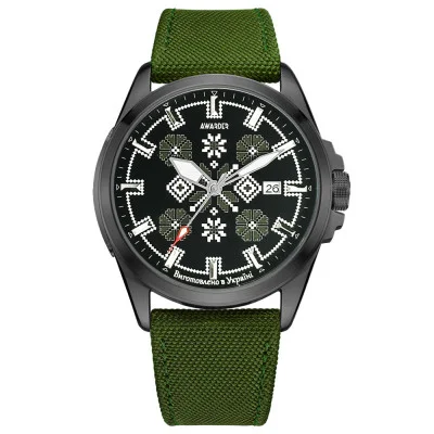 Патриотические наручные часы Awarder Embroidery Black-Army Green Green Automatic 10ATM