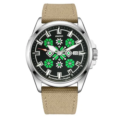 Патриотические наручные часы Awarder Embroidery Silver-Green Khaki Automatic 10ATM