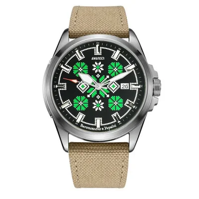 Патріотичний наручний годинник Awarder Embroidery Silver-Green Khaki Automatic 10ATM